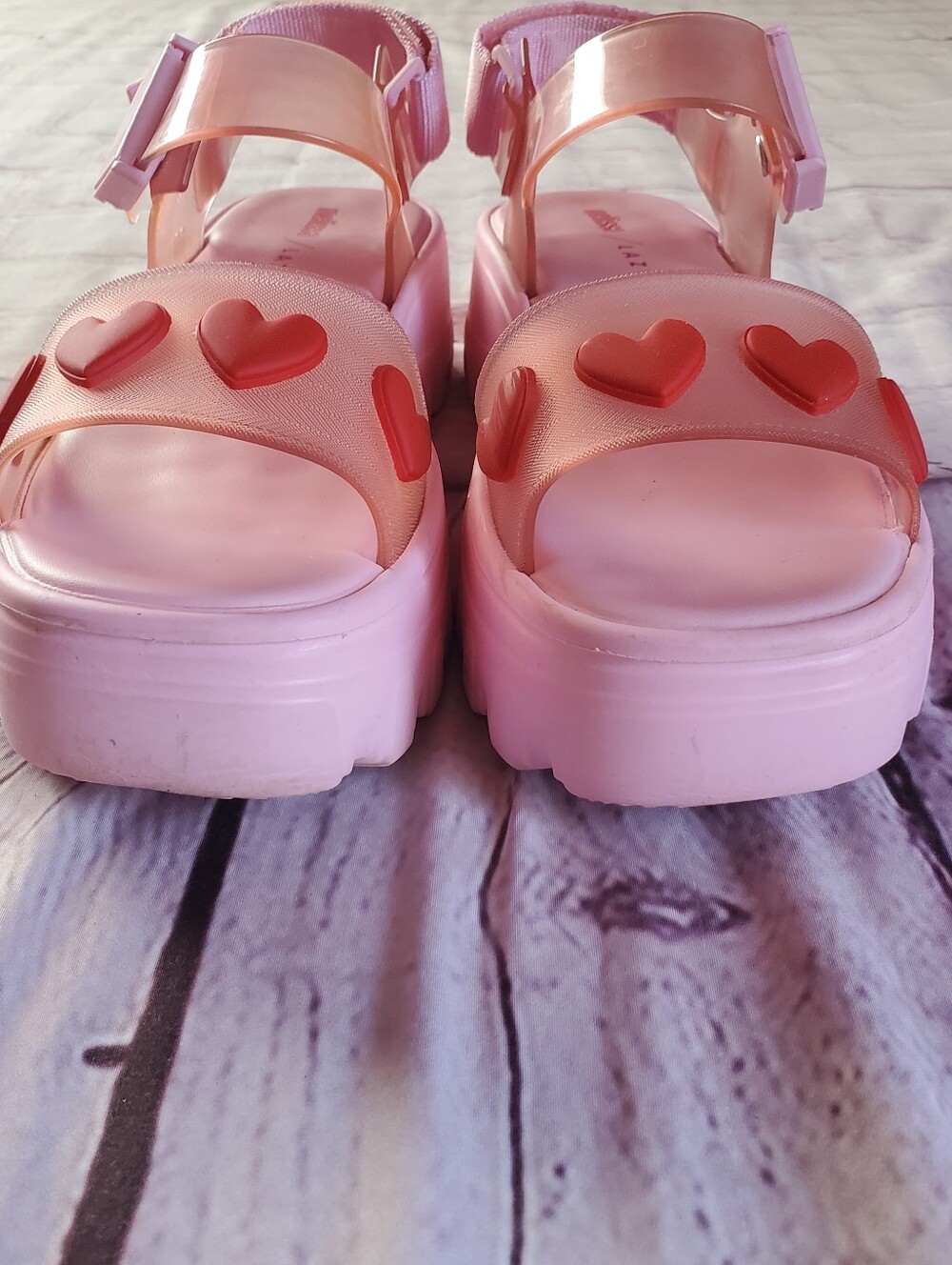 Melissa x Lazy Oaf Pink Platform Sandals with Red Heart Accents - Picture 7 of 13